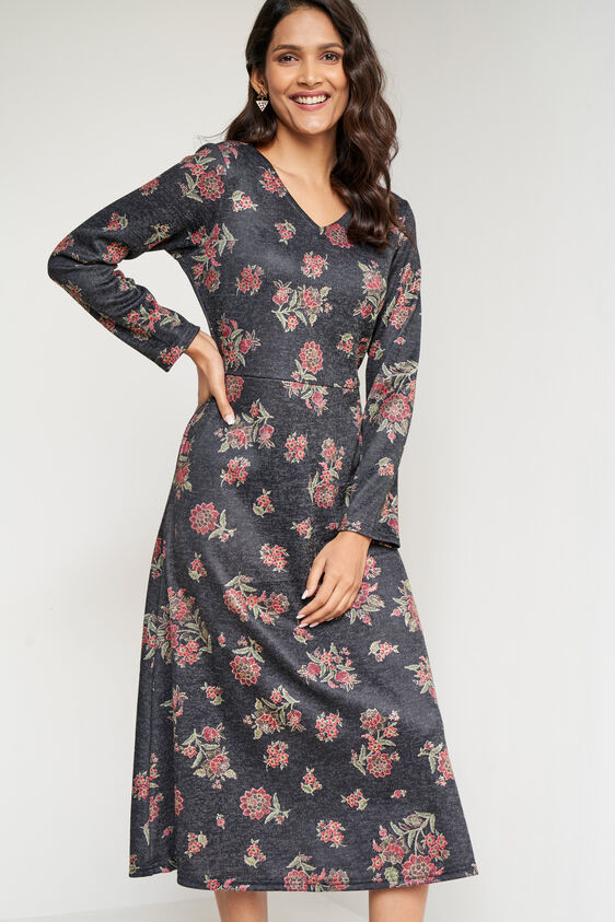 Black Foil Print Flared Slip-On Dress, Black, image 5