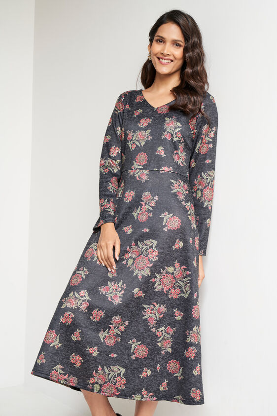 Black Foil Print Flared Slip-On Dress, Black, image 4