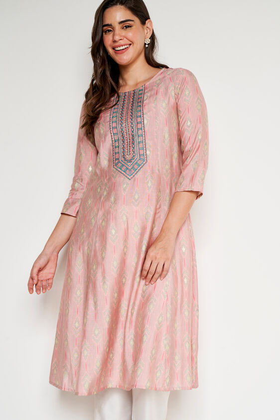 Pink Ethnic Motifs Flared Kurta, Pink, image 2