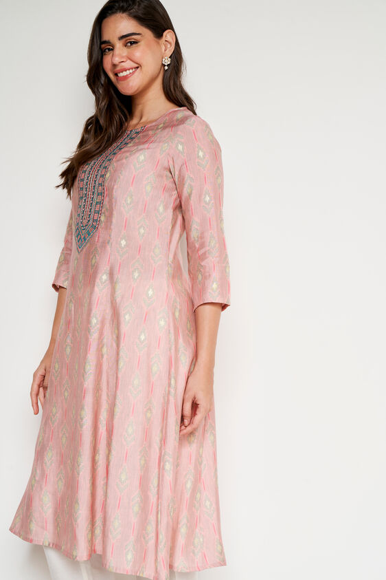 Pink Ethnic Motifs Flared Kurta, Pink, image 3