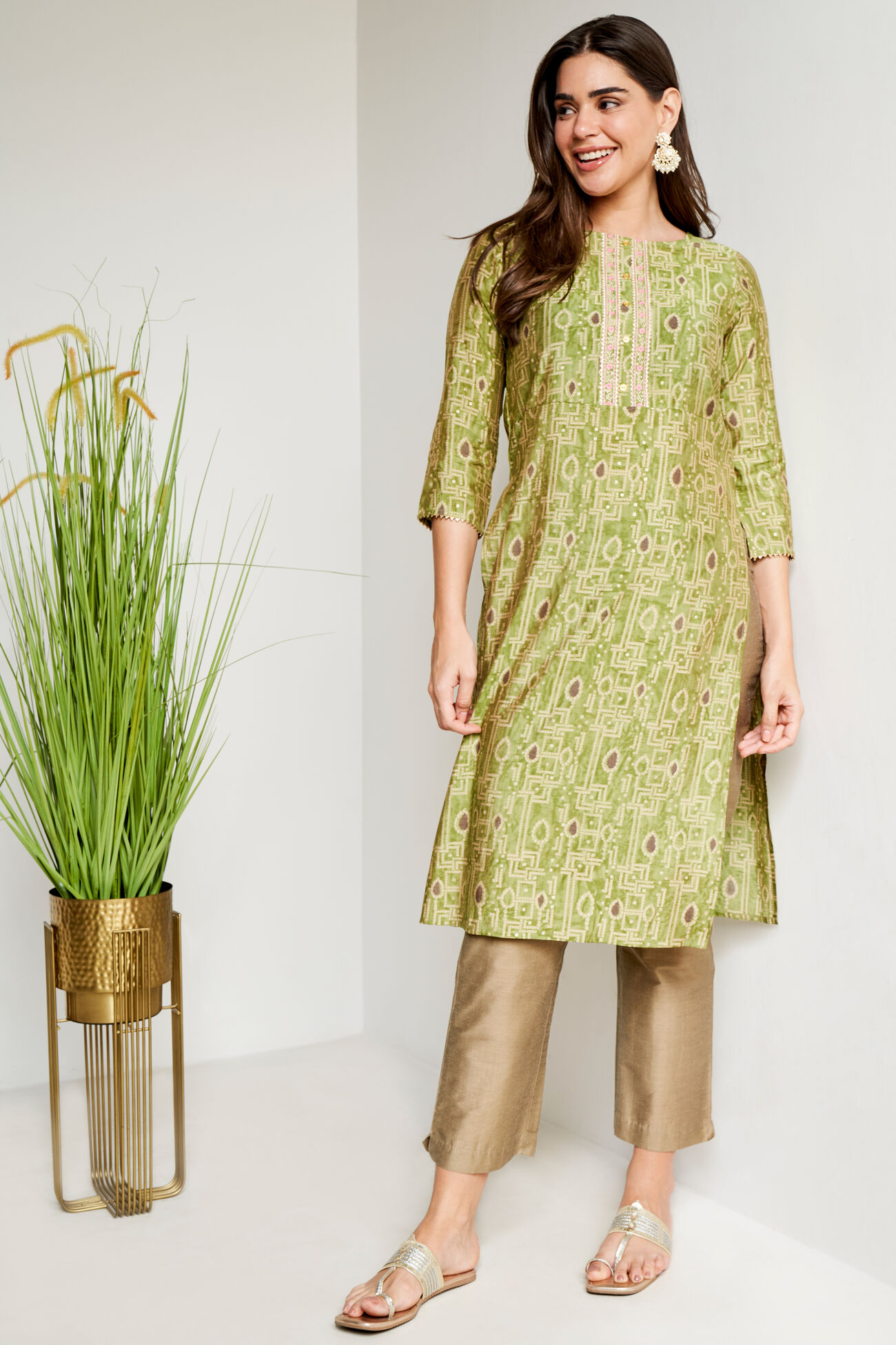 Green Ethnic Motifs Straight Kurta, Green, image 1