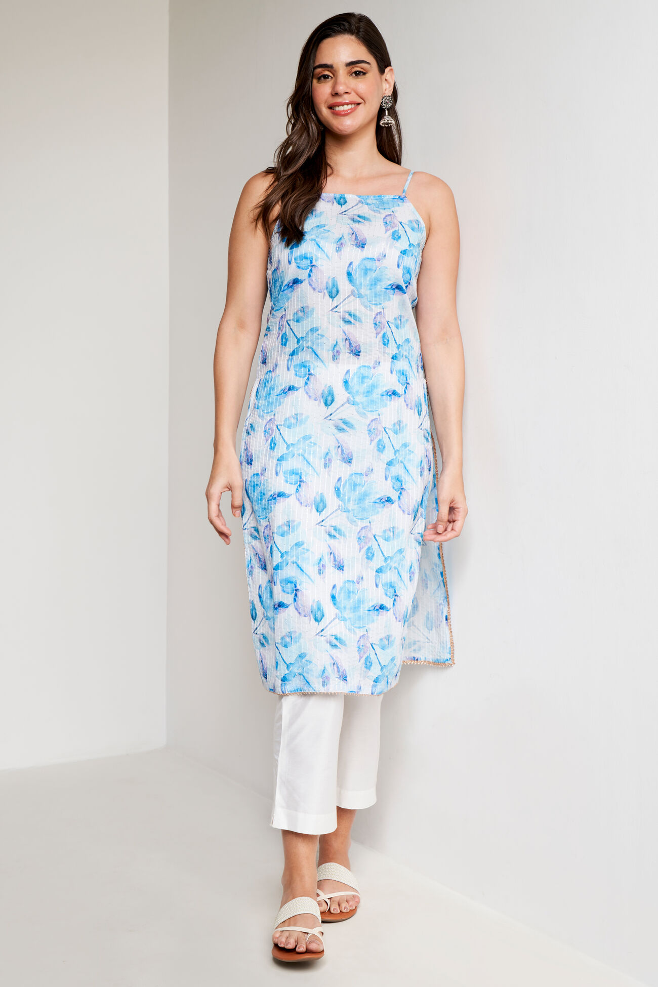 Blue Floral Straight Kurta, Blue, image 1