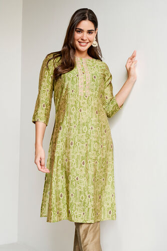 Green Ethnic Motifs Straight Kurta, Green, image 2