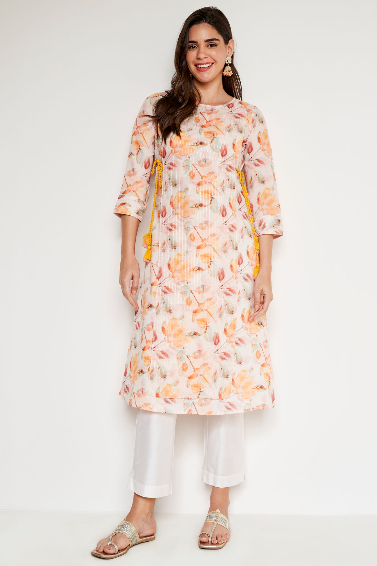 Off White Floral Straight Kurta, Off White, image 1