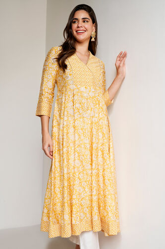 Yellow Ethnic Motifs Flared Kurta, Yellow, image 2