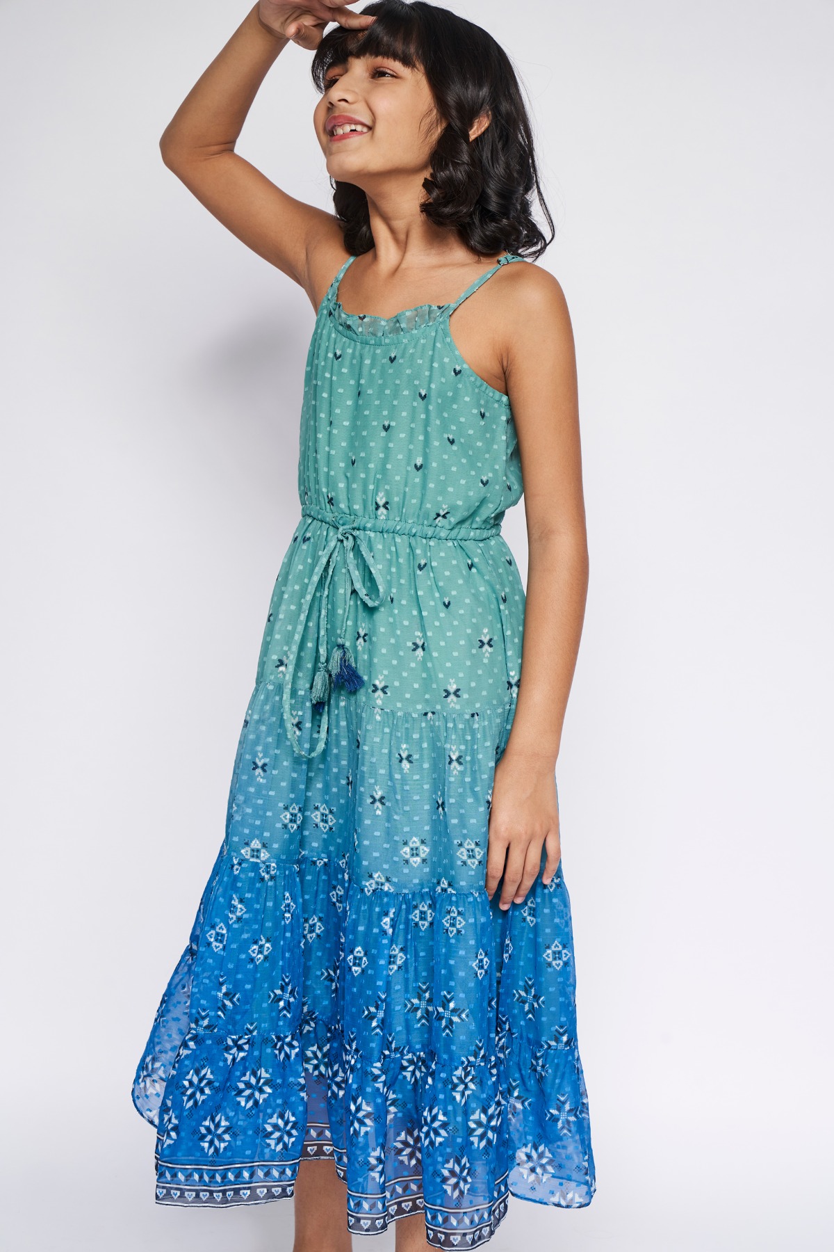 5 - Blue Gathers or Pleats Geometric Gown, image 5