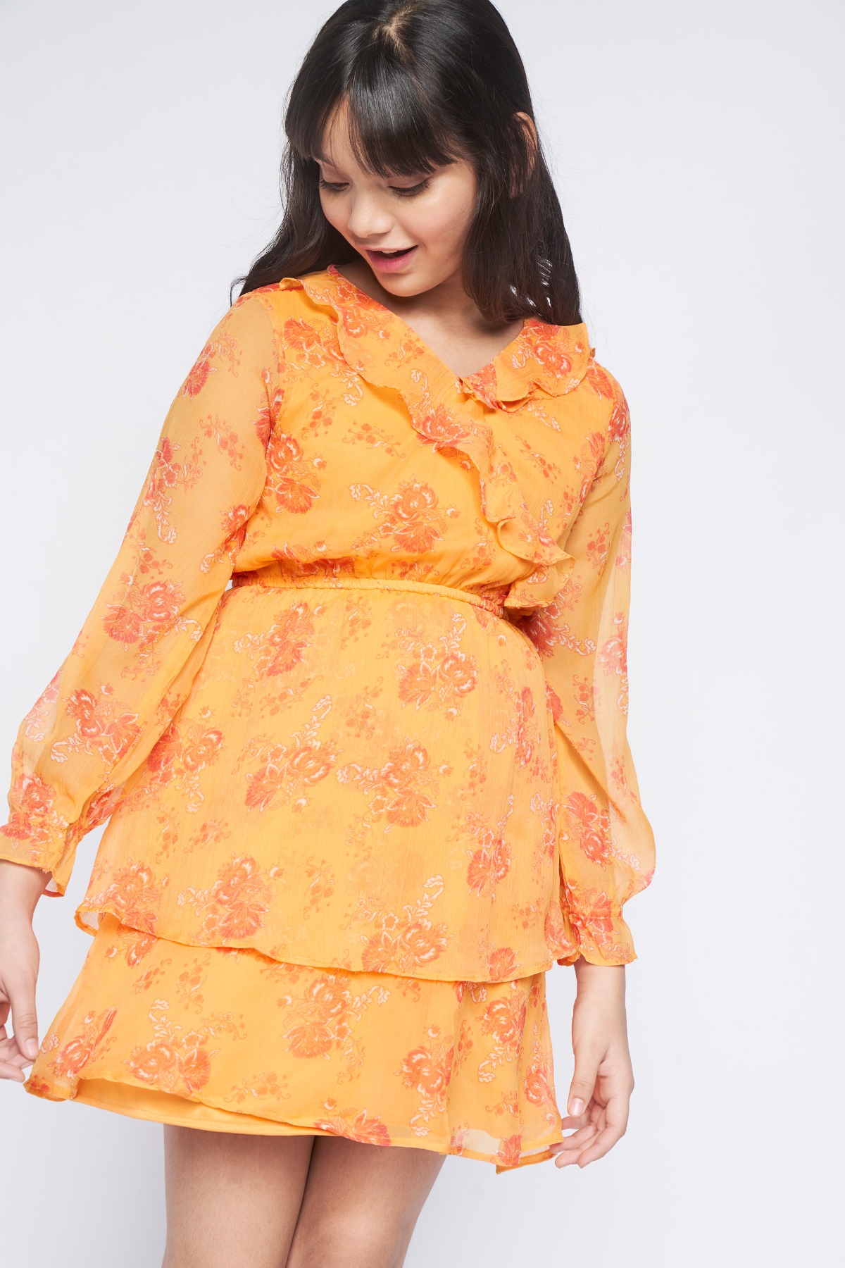 Orange Ruffles Floral Dress, Orange, image 2