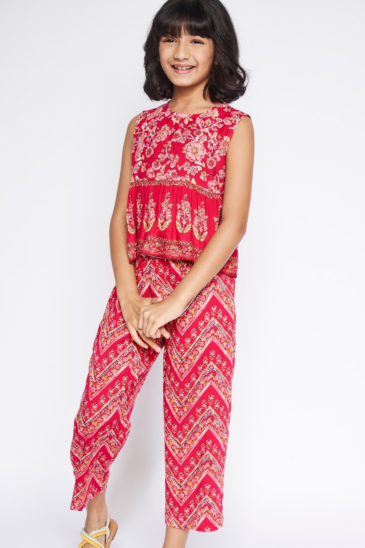 1 - Red Gathers or Pleats Floral Suit, image 1