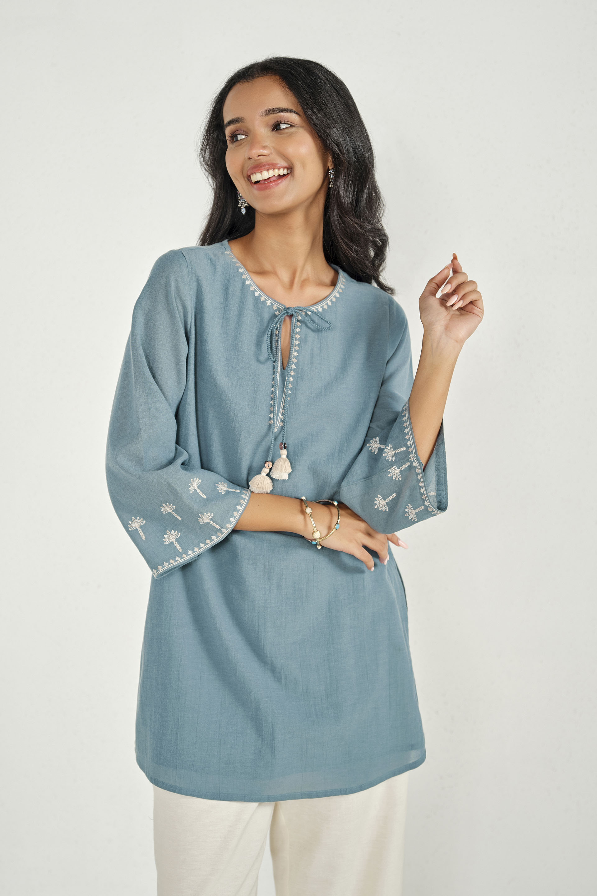 Buy Misty Blue Embroidered Tunic Online In India at Global Desi ...