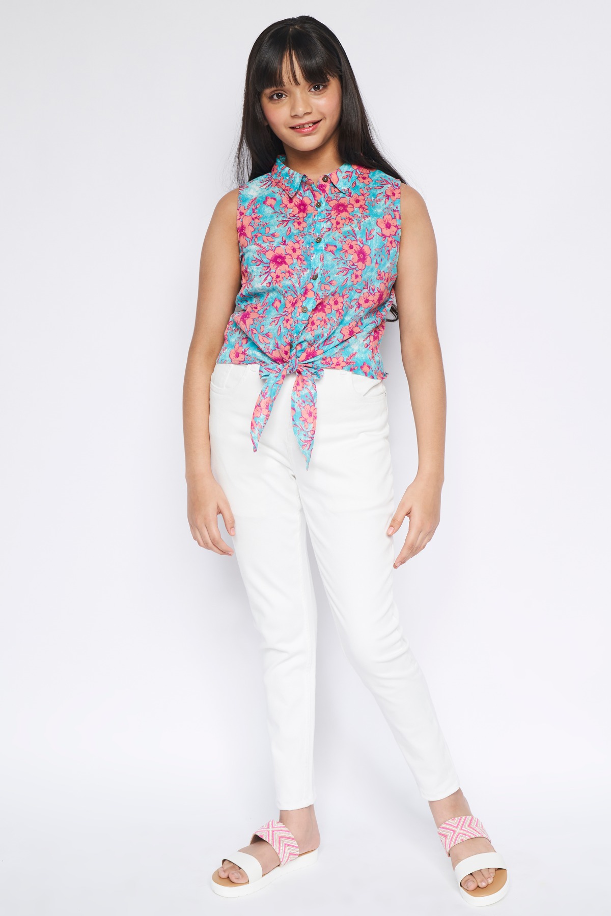 Aqua Tie-Ups Floral Top, Aqua, image 4
