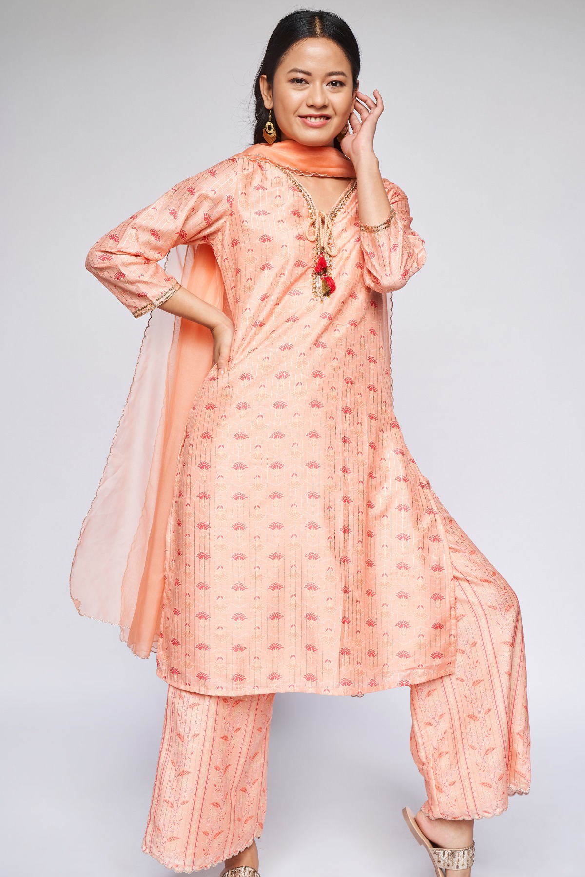 Peach Floral Straight Suit, Peach, image 4