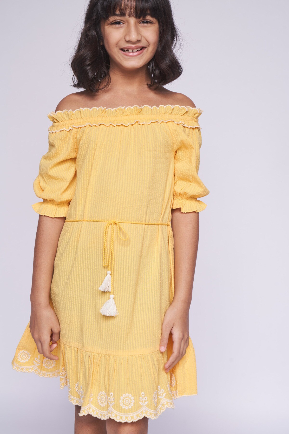 Buy Yellow Embroidered Solid Dress Online at Best Price at Global Desi SS22GKR052DRSC