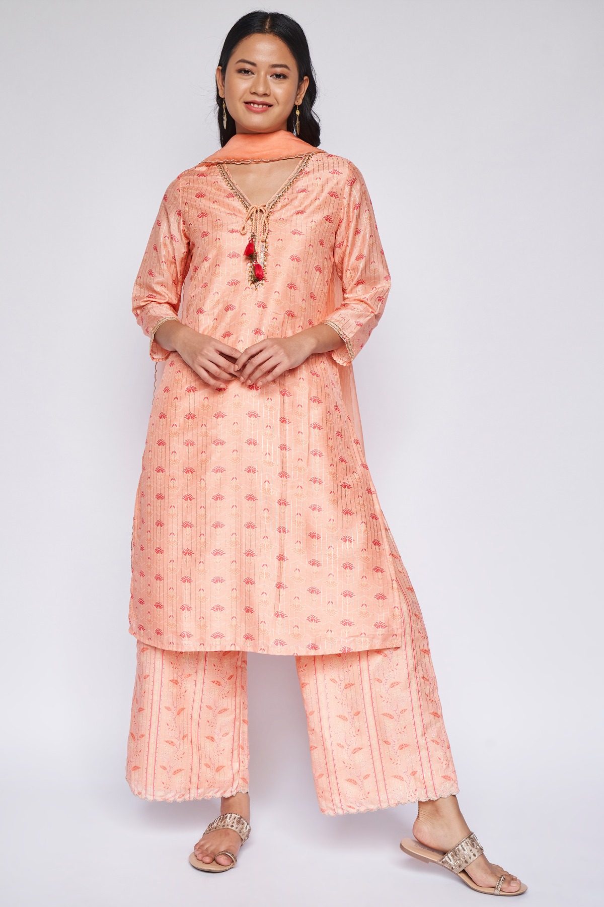 Peach Floral Straight Suit, Peach, image 2