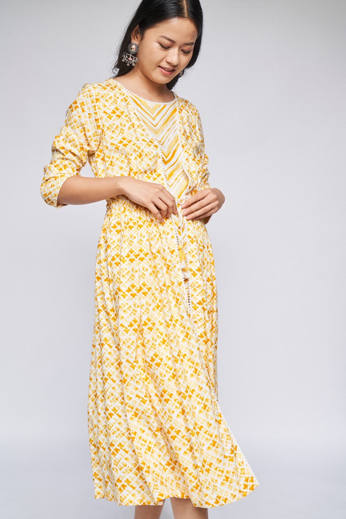Buy Yellow Geometric Fit and Flare Dress Online at Best Price at Global ...