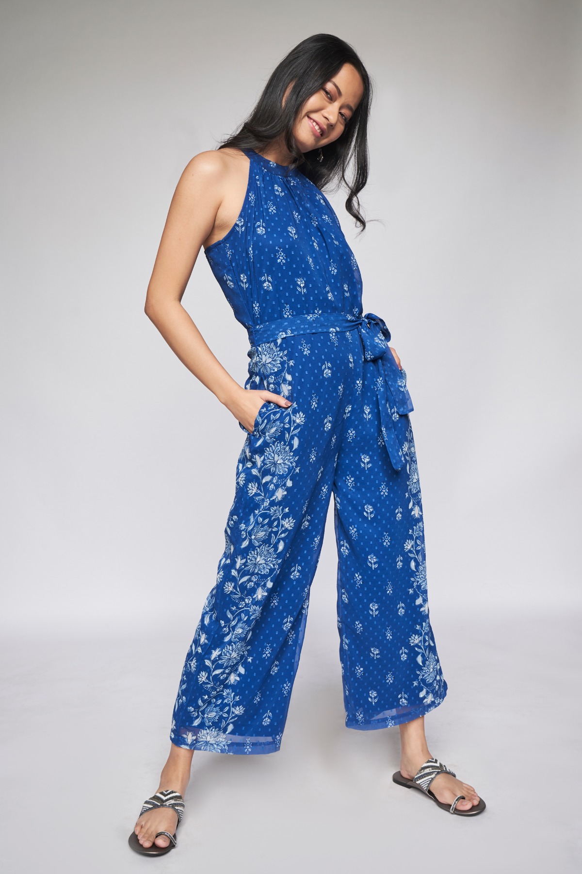 Blooming Season Cut Out Floral Print Jumpsuit- Royal Blue