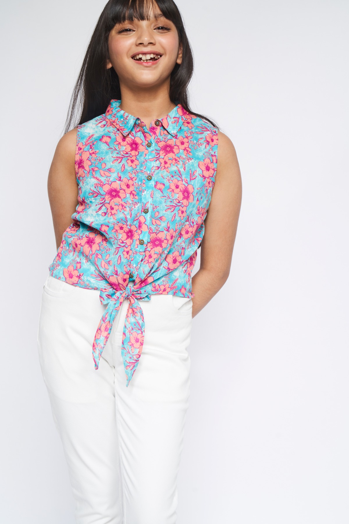 Aqua Tie-Ups Floral Top, Aqua, image 3