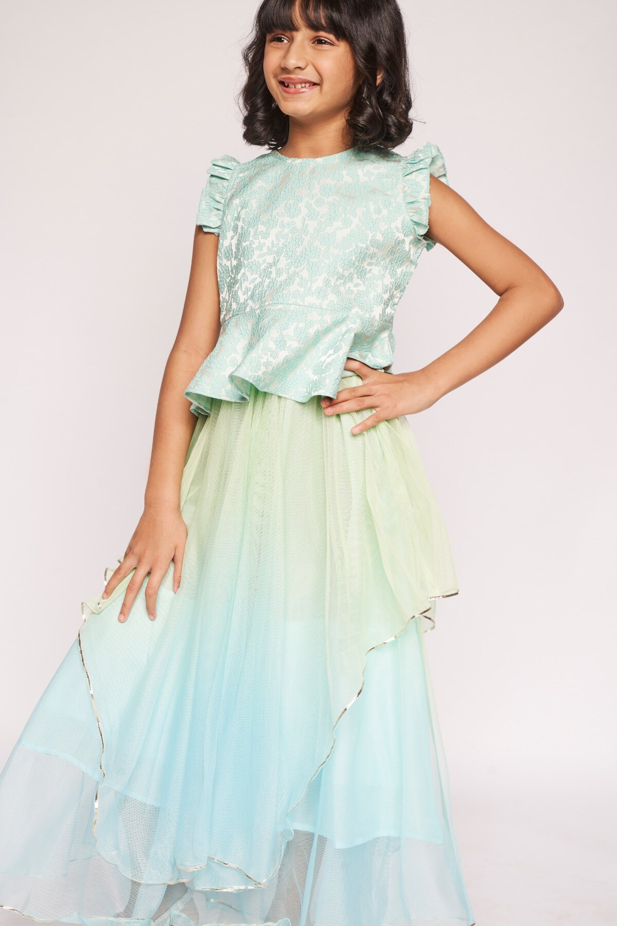 1 - Aqua Jacquard Flared Suit, image 1
