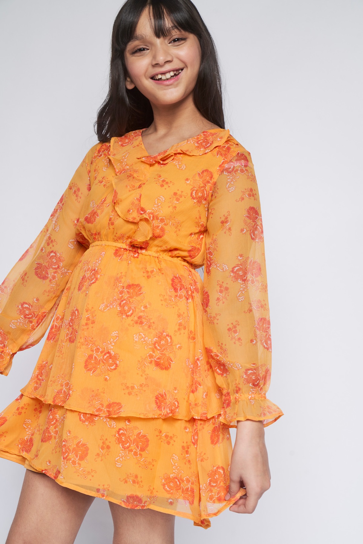 Buy Orange Ruffles Floral Dress Online at Best Price at Global Desi SS22GKR118DRPCH
