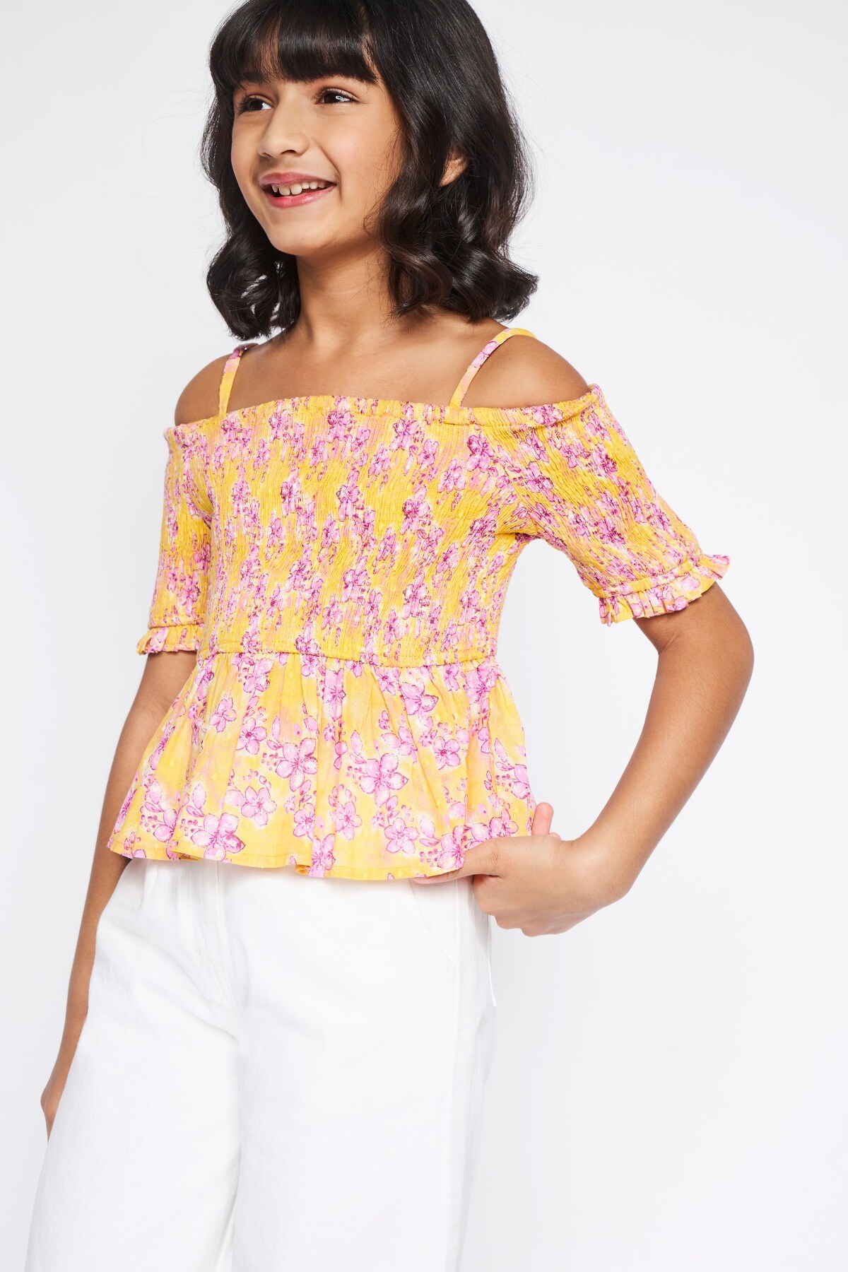 1 - Yellow Smocking Floral Top, image 1