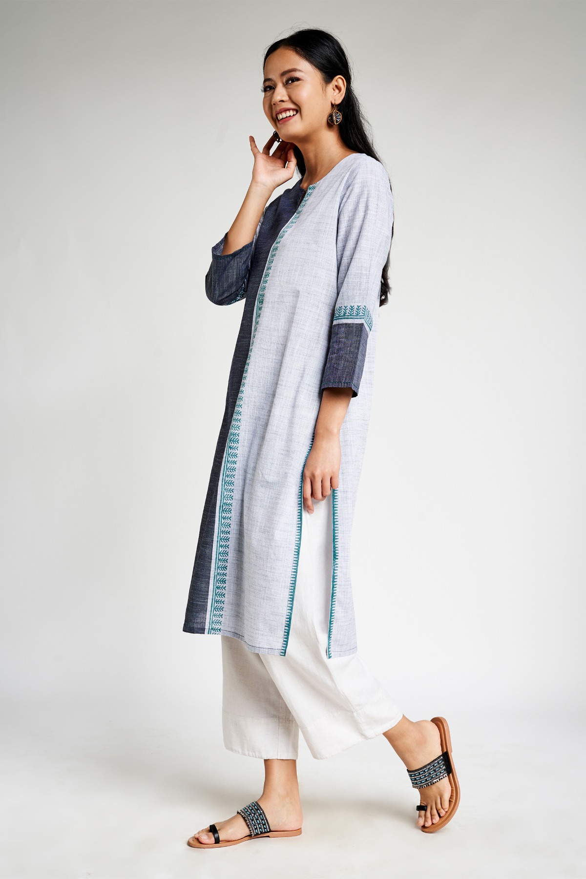 Buy Grey Colourblocked Round Neck A Line Midi Kurta Online at Best