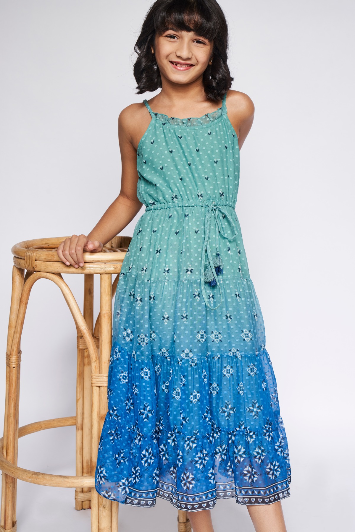Buy Blue Gathers or Pleats Geometric Gown Online at Best Price at Global Desi SS22GKR076MXPCH