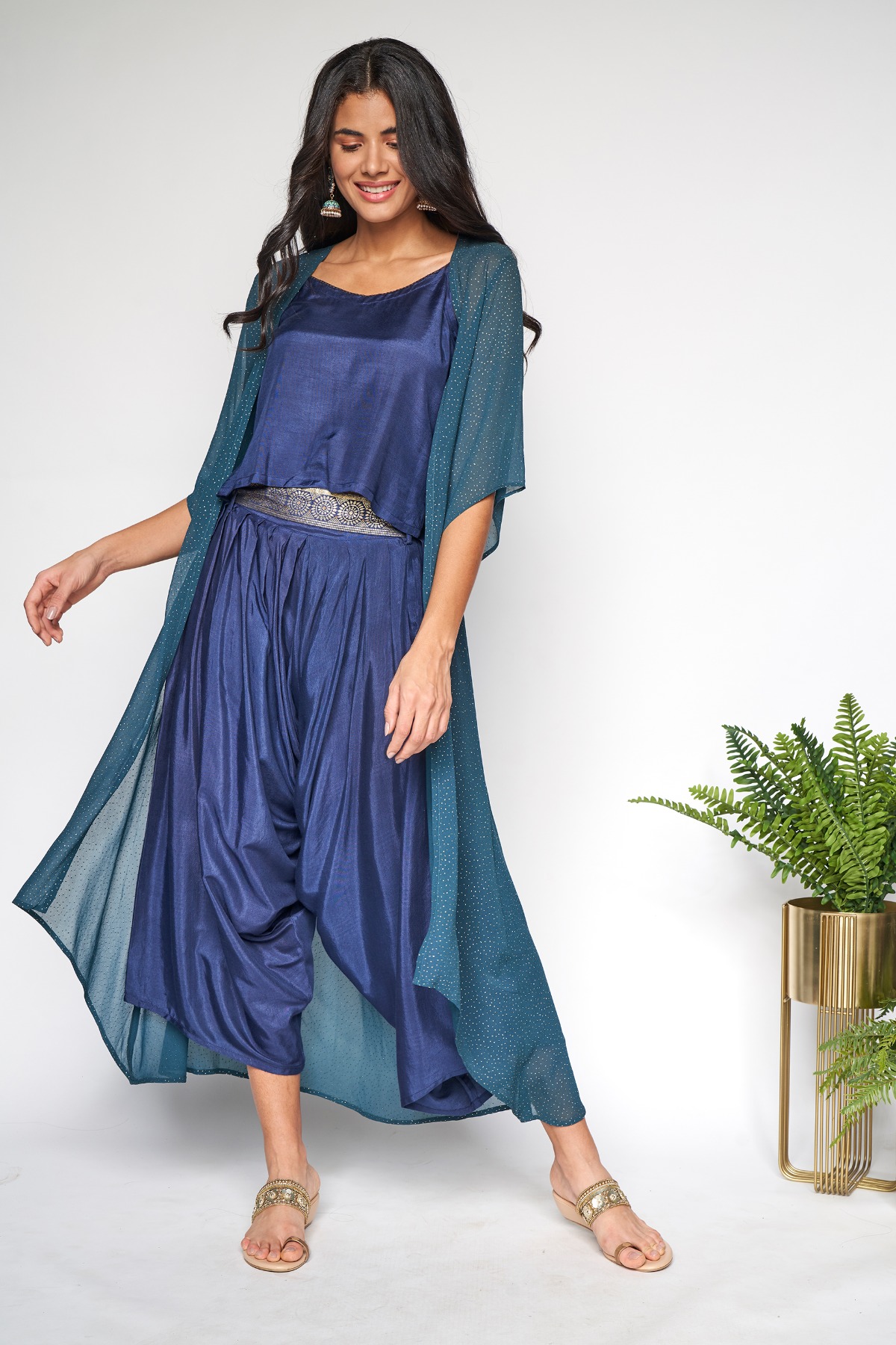 Buy Indigo Regular Top Dhoti With Overlay Set Online at Best Price