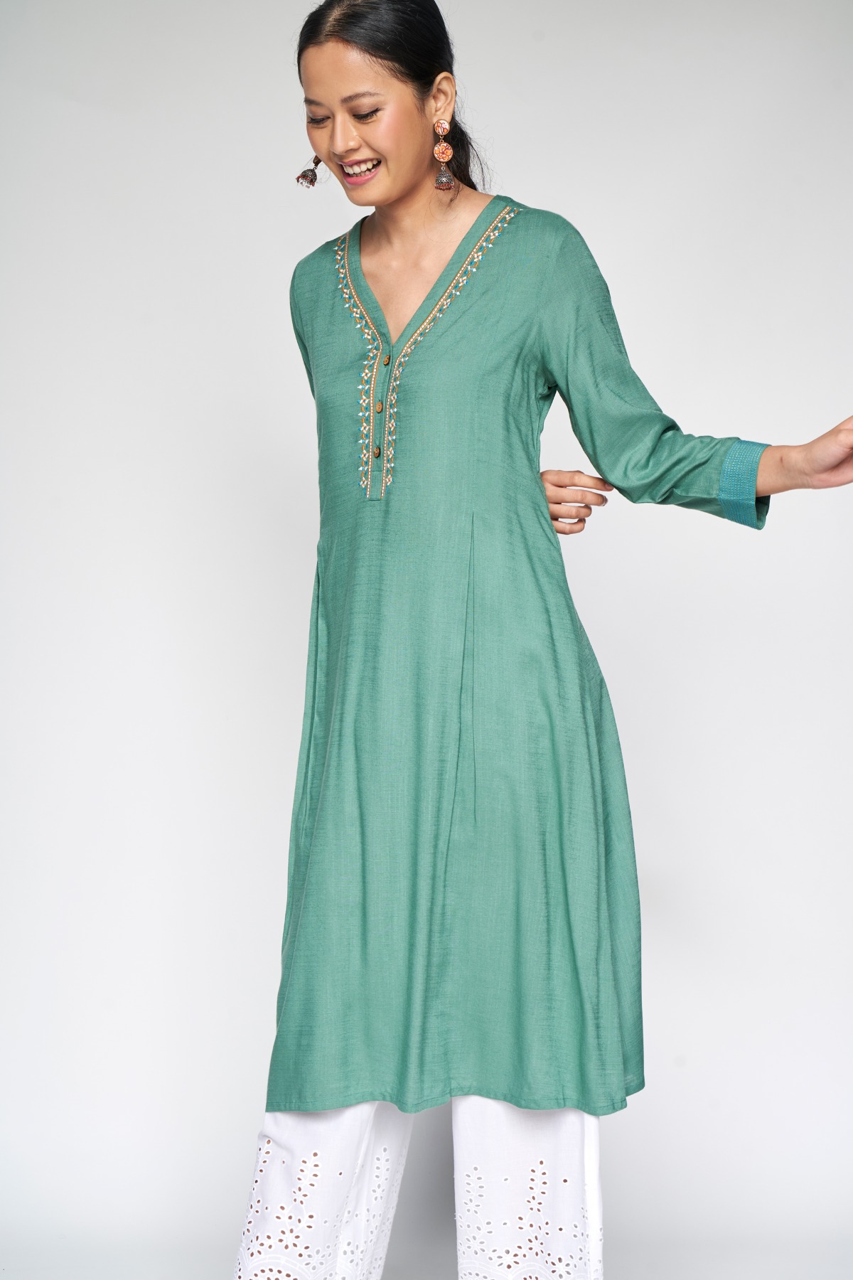 Buy Sage Green Embroidered A Line Kurta Online at Best Price at
