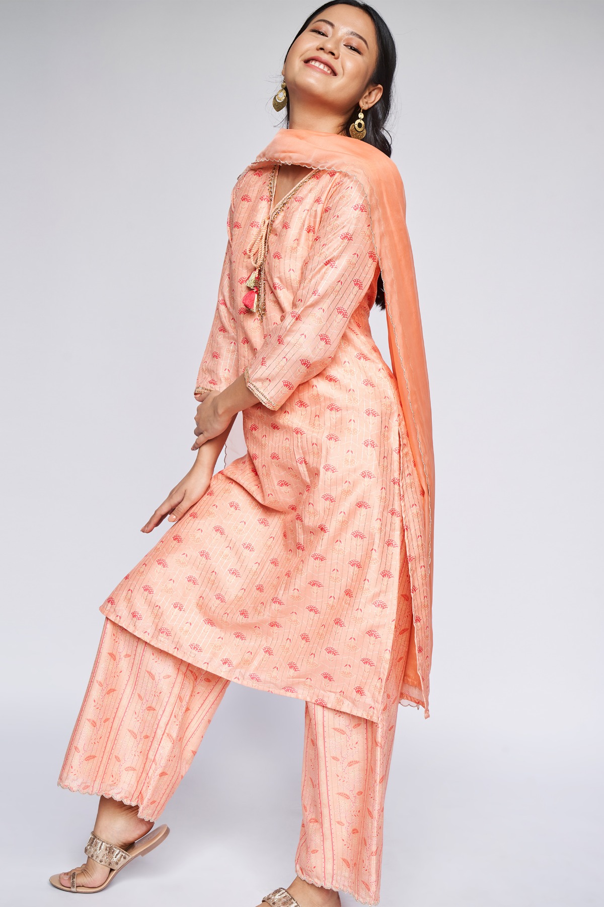 Peach Floral Straight Suit, Peach, image 1