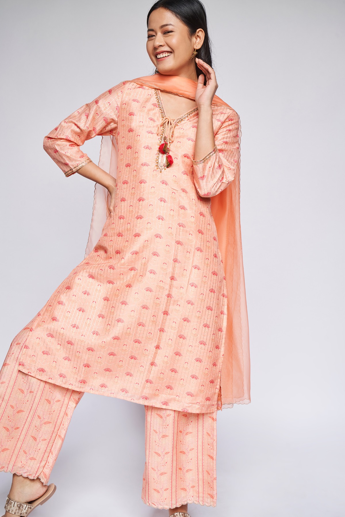 Peach Floral Straight Suit, Peach, image 6